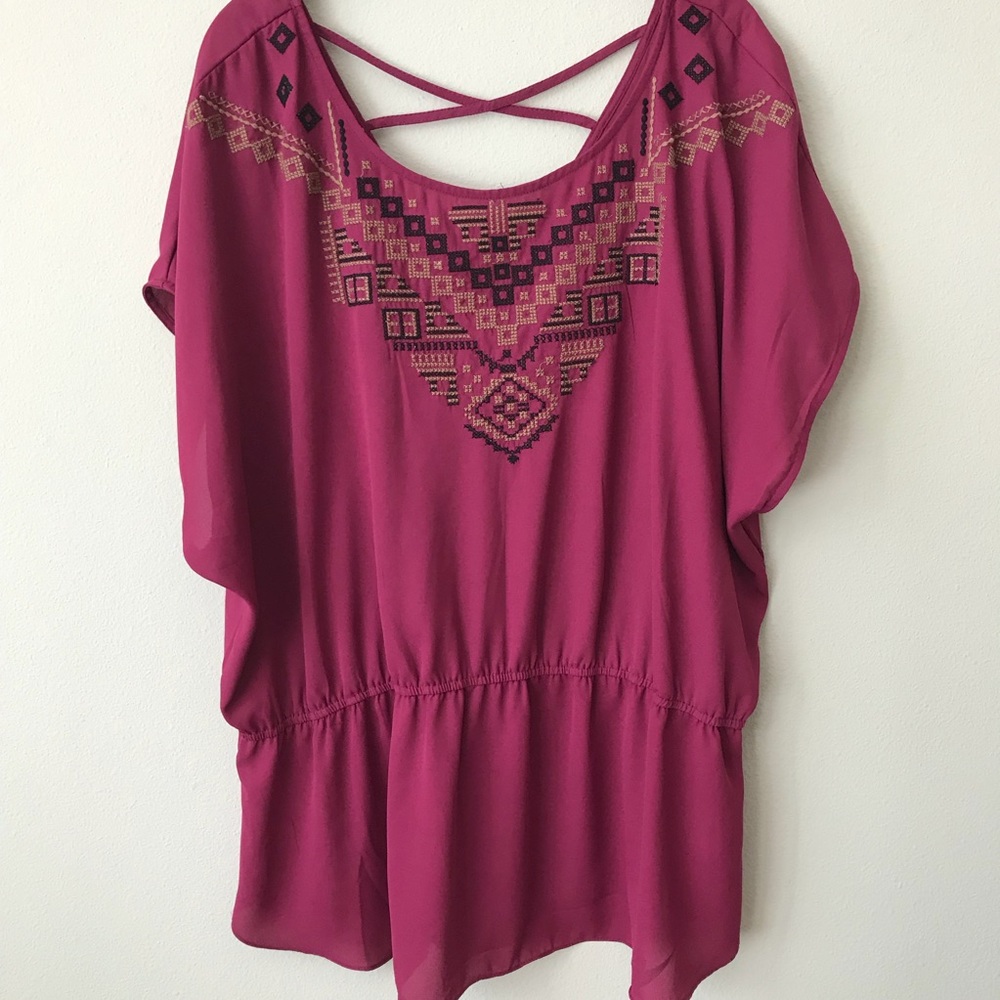 Plus size maroon top with detail criss cross back